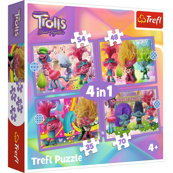 Trefl Puzzle 4en1 Aventures de Trolls Colorés 34622 - Puzzle pour Enfants